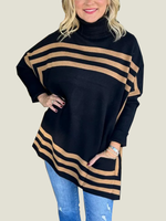 Women's High Neck Bat Sleeve Striped Sweater