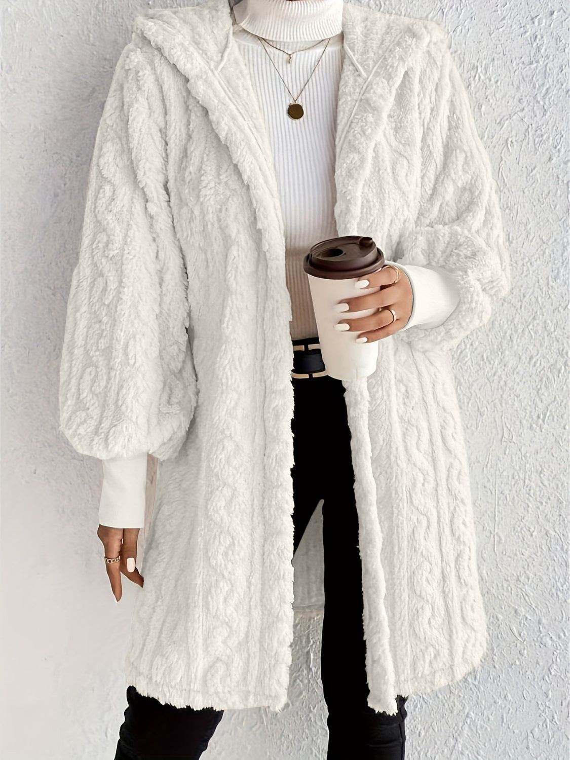 Women's Plush Fleece Soft Midi-Length Jacket with Pockets