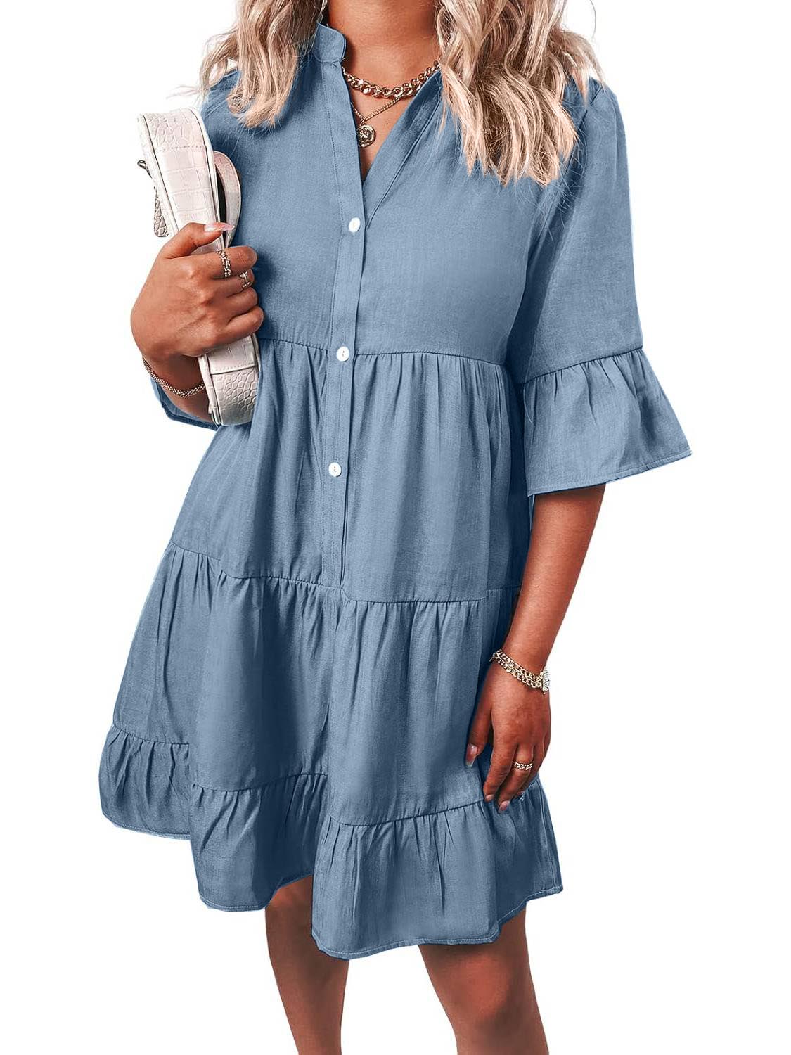 Women??s Casual V Neck Ruffle Short Sleeve Summer Dress