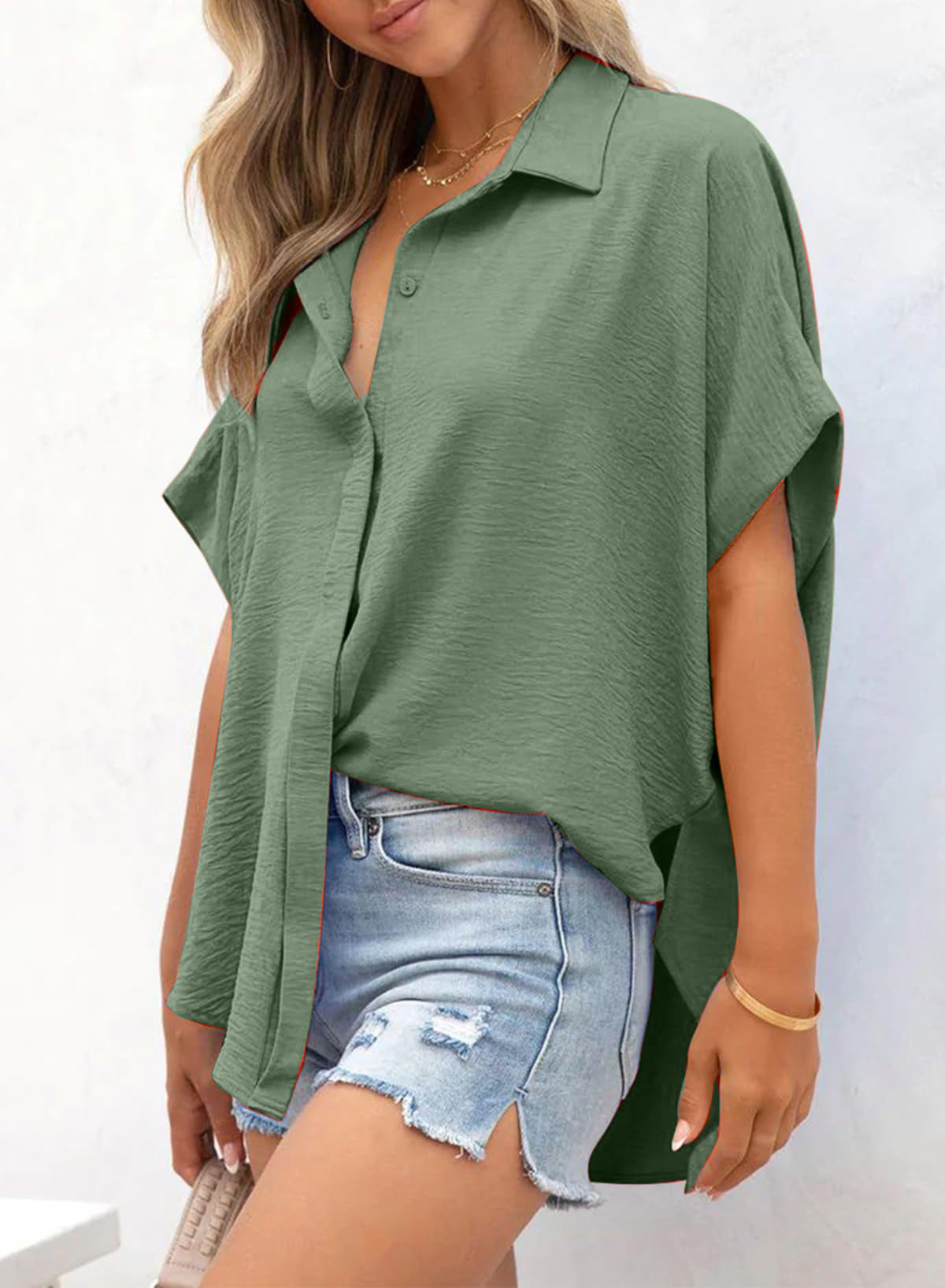 Women's Casual Short Sleeve Slit Hem Button Shirt