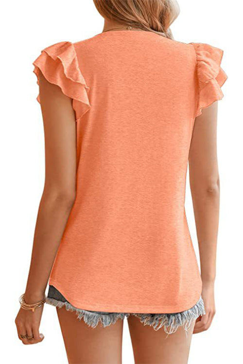 Solid Color V-neck Ruffle Short Sleeve