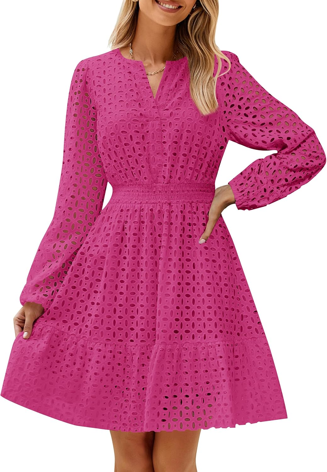 Women's Long Sleeve Hollow Out Eyelet Dress