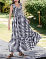 Women's Retro Plaid Smocked Flounce Long Dress