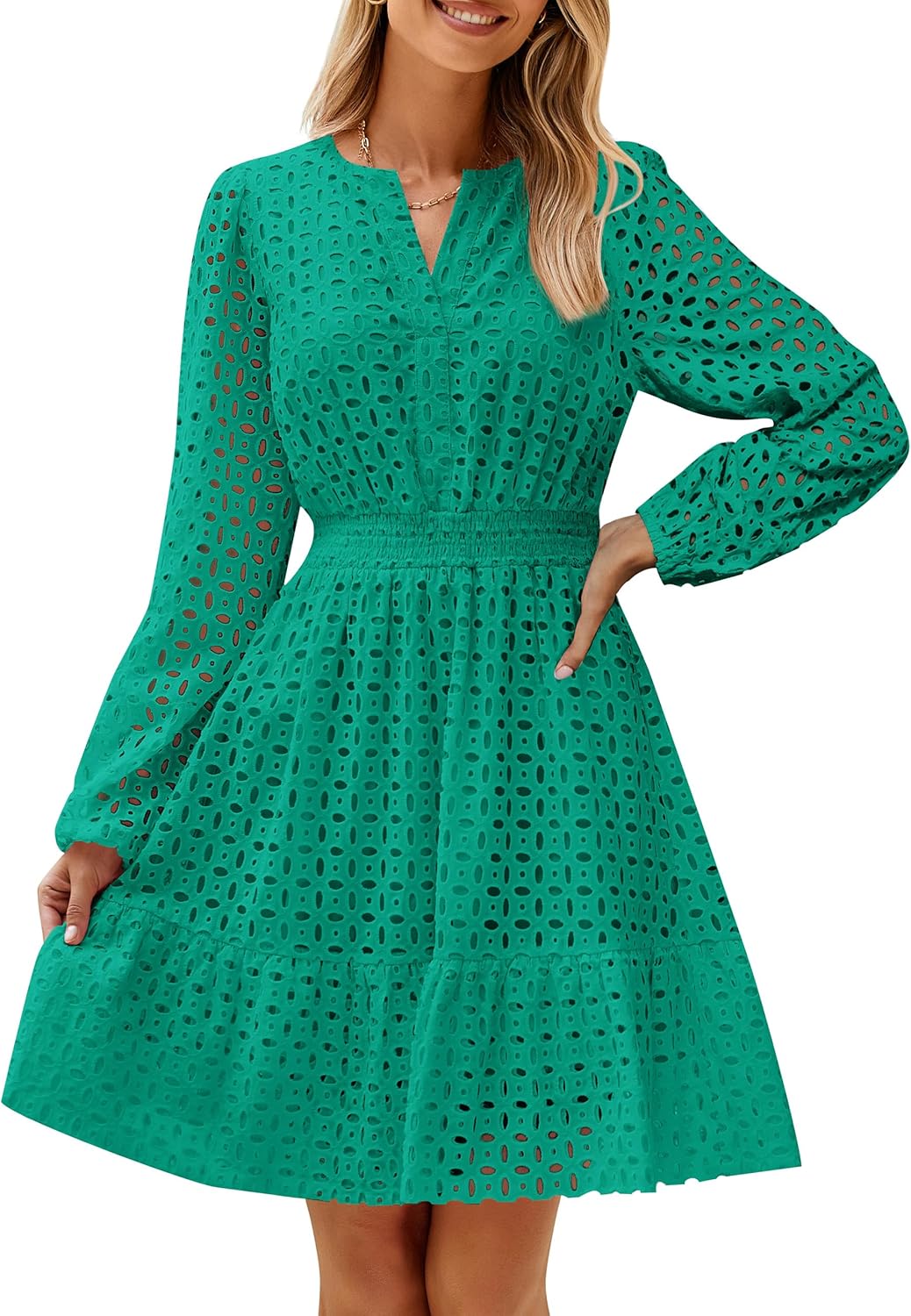 Women's Long Sleeve Hollow Out Eyelet Dress