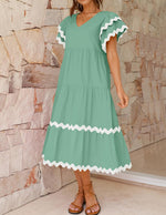 Women's V Neck Flutter Short Sleeve Tiered Long Dress