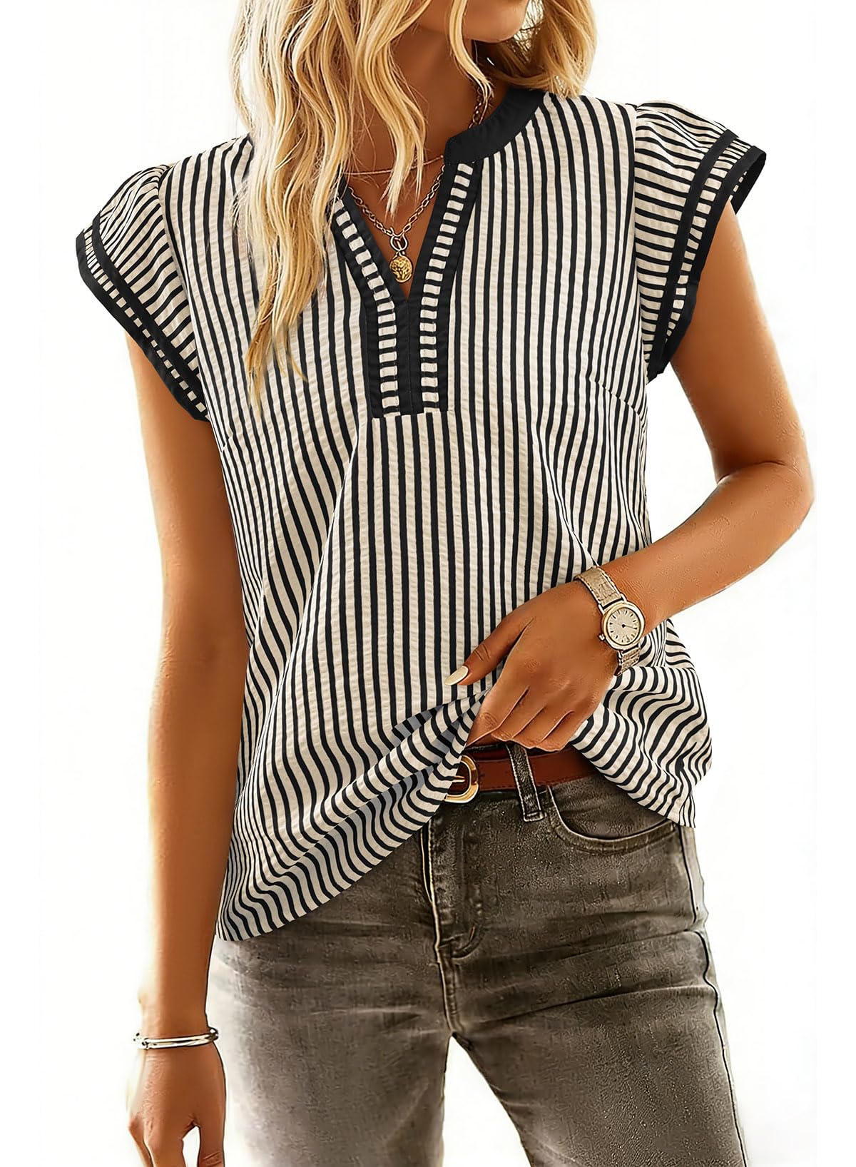 Women's Casual V Neck Flutter Sleeves Striped Top