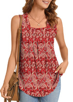 Summer Printed Pleated Sleeveless Tank Top for Women