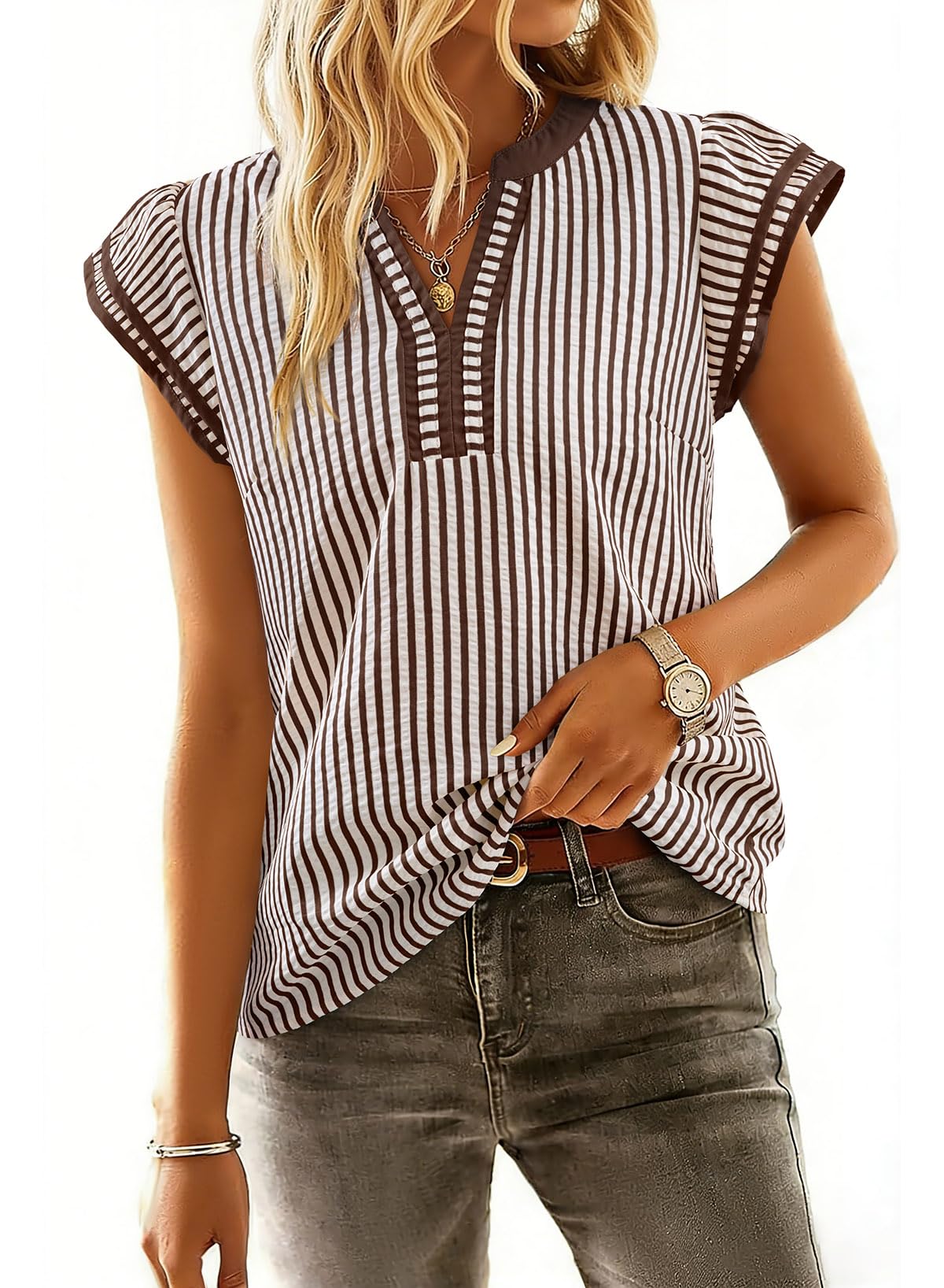 Women's Casual V Neck Flutter Sleeves Striped Top