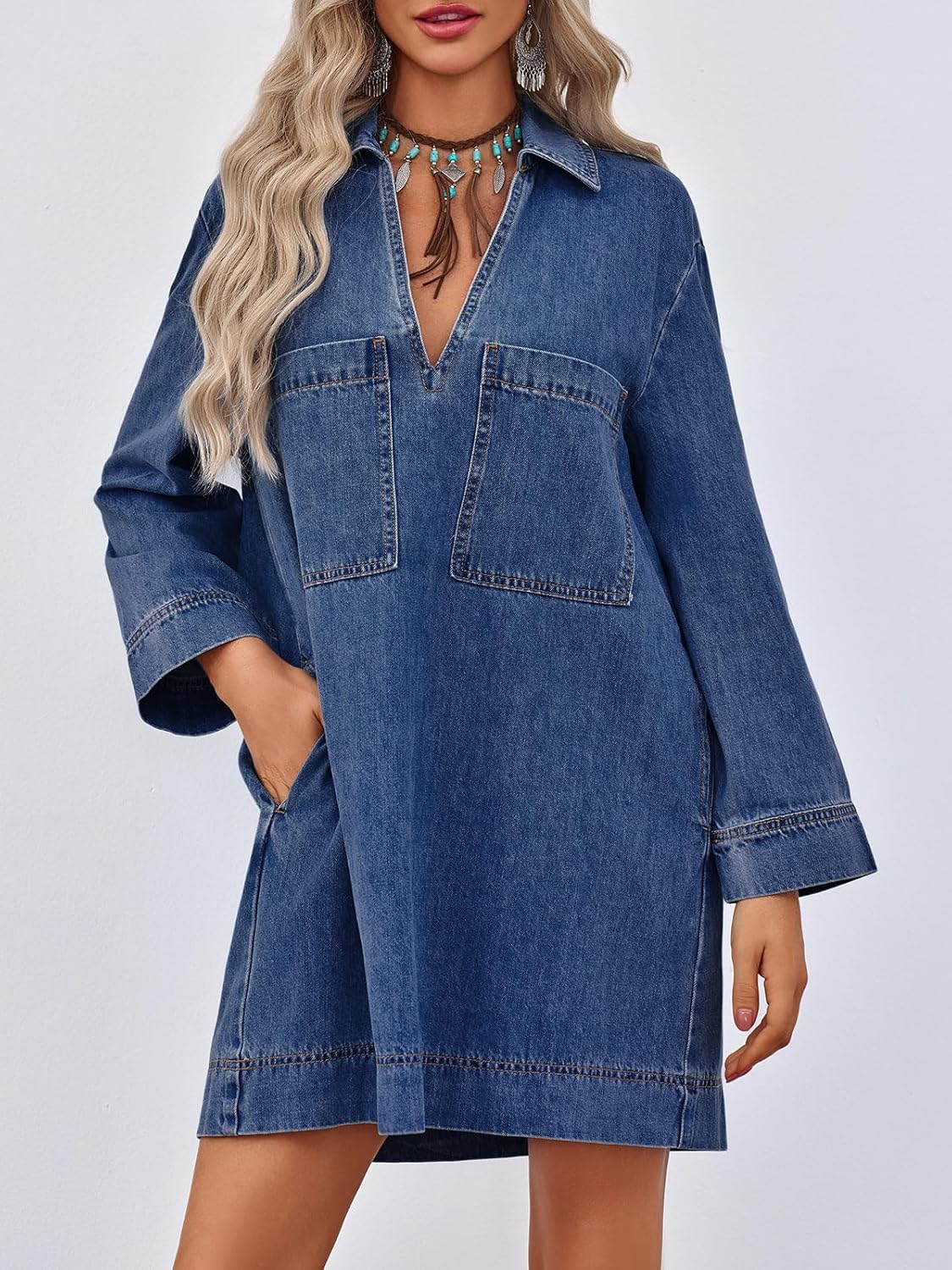 Women's Deep V Neck Denim Shirt Dress with Pockets