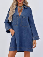 Women's Deep V Neck Denim Shirt Dress with Pockets