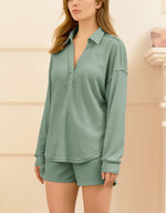 Women's Casual Waffle Two Pack V-Neck Top and Shorts Set