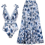 Adjustable Shoulder Floral Print One Piece Swimsuit with Skirt/Sarong