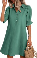 Women's Solid Ruffle Sleeve Button Down Shirt Dress