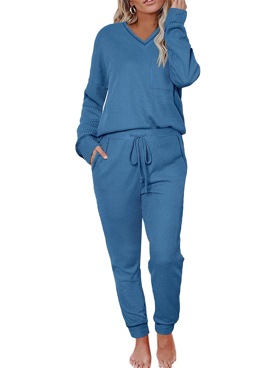 Women's V Neck Waffle Knit Two Piece Lounge Sets