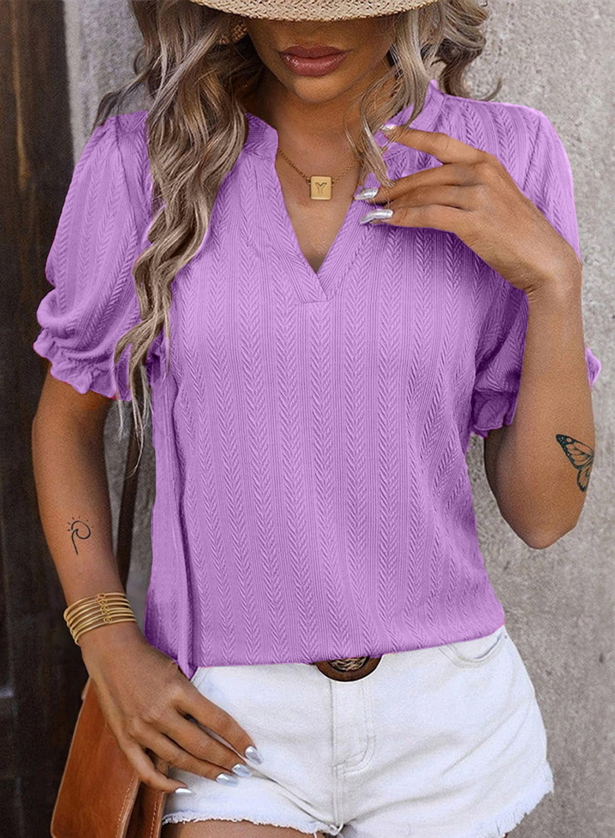 Women's V-NeckPuff-Sleeve Textured Knit Top