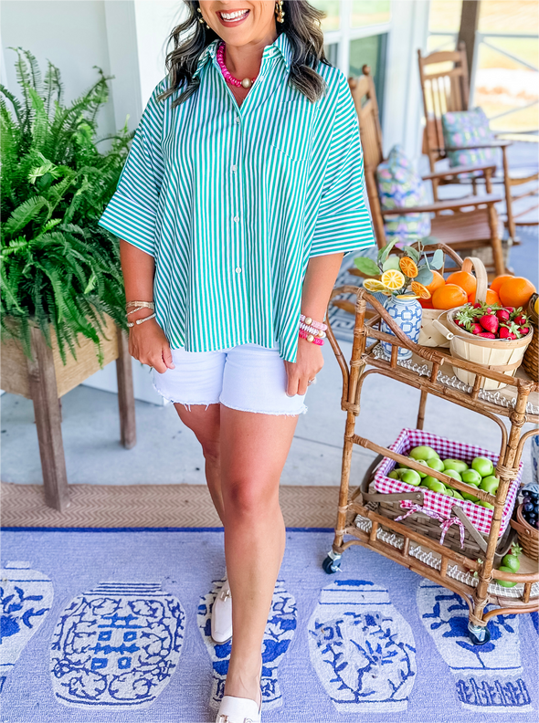 Women's Striped Button Shirt Side Slit Hem Swing Top