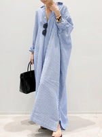 Women's Long Sleeve Button Down Loose Striped Maxi Shirt Dress