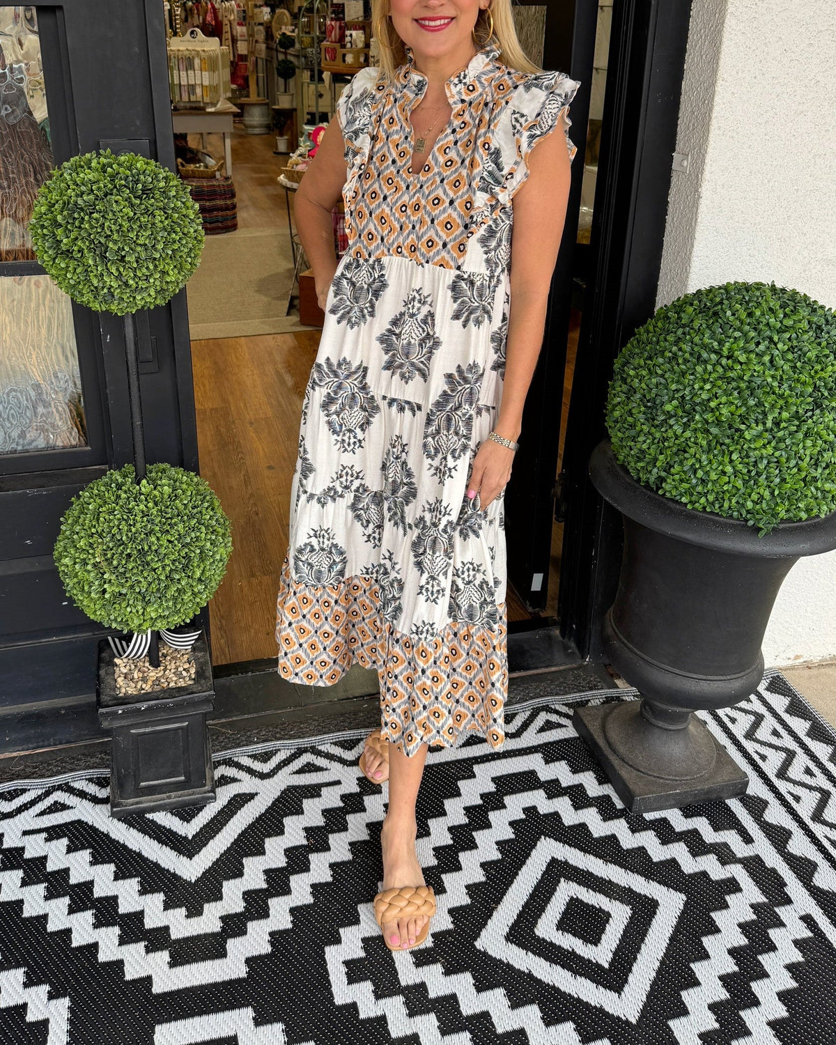 Women's Casual Printed Ruffle Sleeve Midi Dress