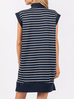 Women's Striped Knit Cap Sleeve Half-Zip Mini Dress