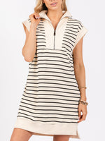 Women's Striped Knit Cap Sleeve Half-Zip Mini Dress