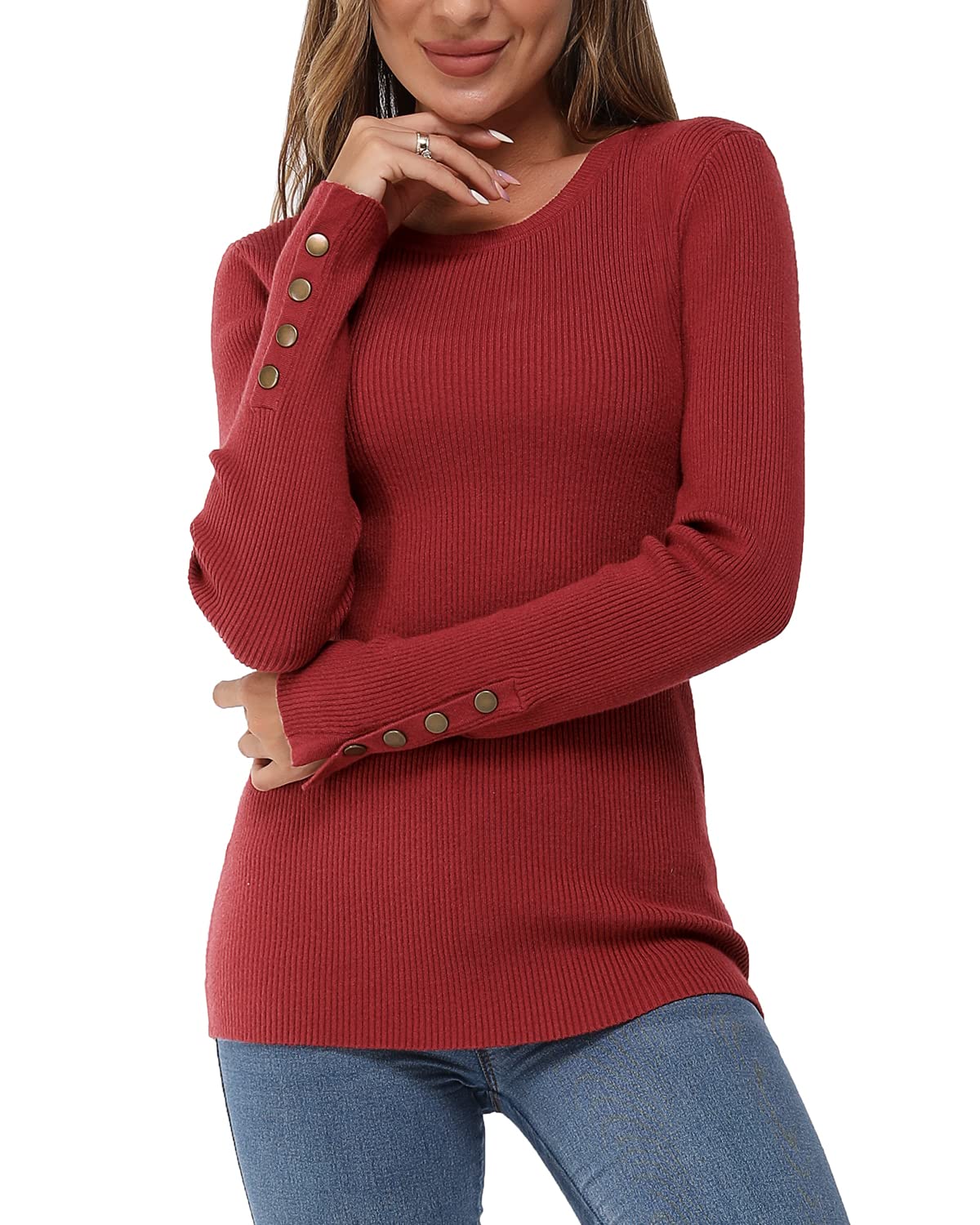 Women's Long-Sleeve Button Crew Neck Pullover Sweater