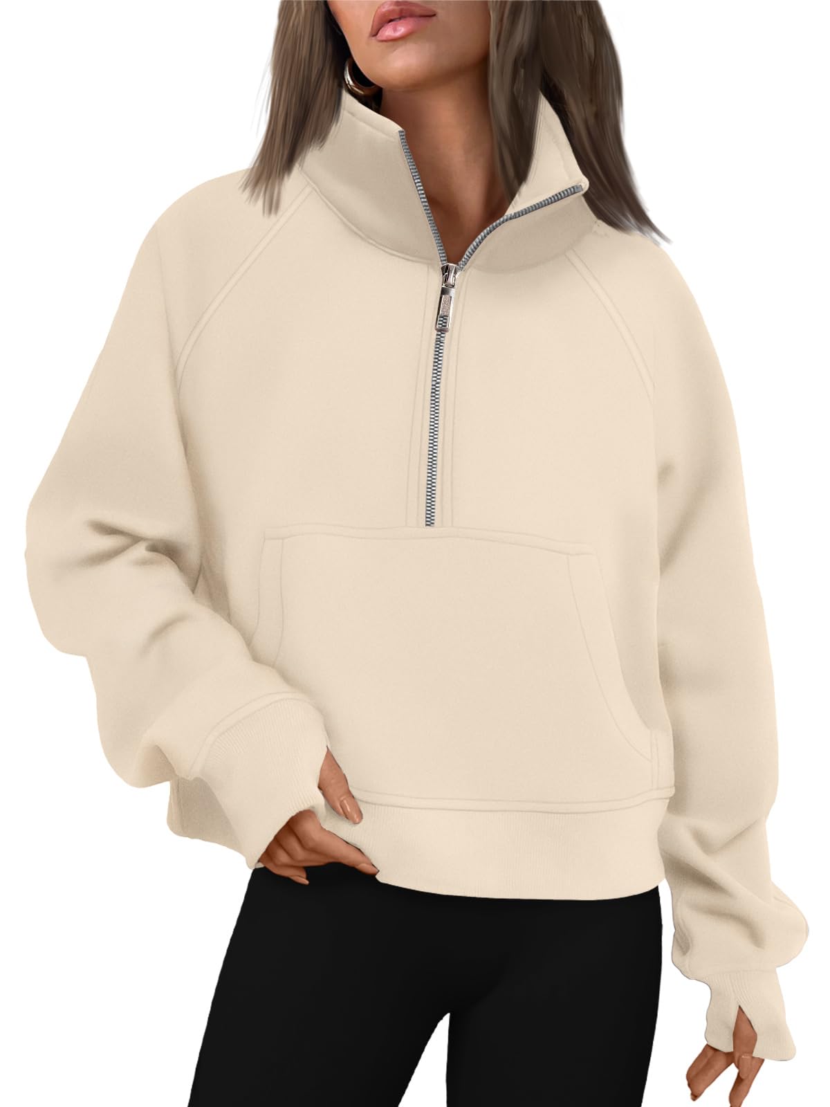 Women's Half Zip Cropped Sweatshirt With Thumb Holes