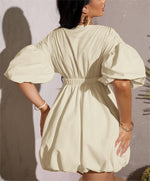 Women's Deep V-Neck Puffy Sleeve Elasticated High Waist Flared Dress