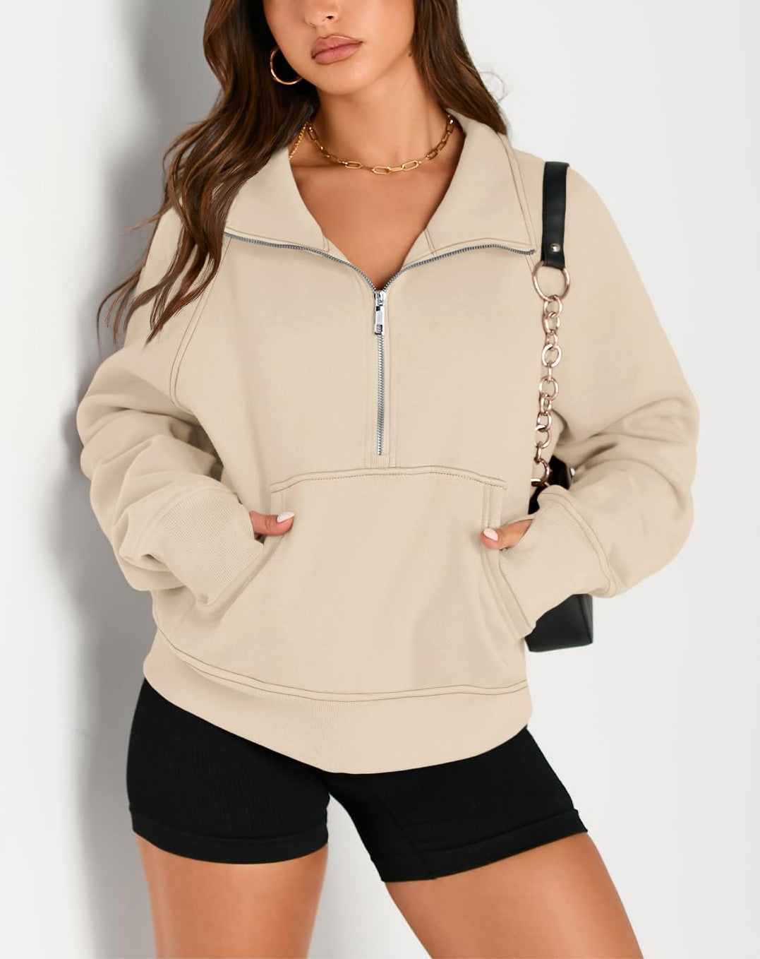 Women's Half Zip Cropped Sweatshirt With Thumb Holes