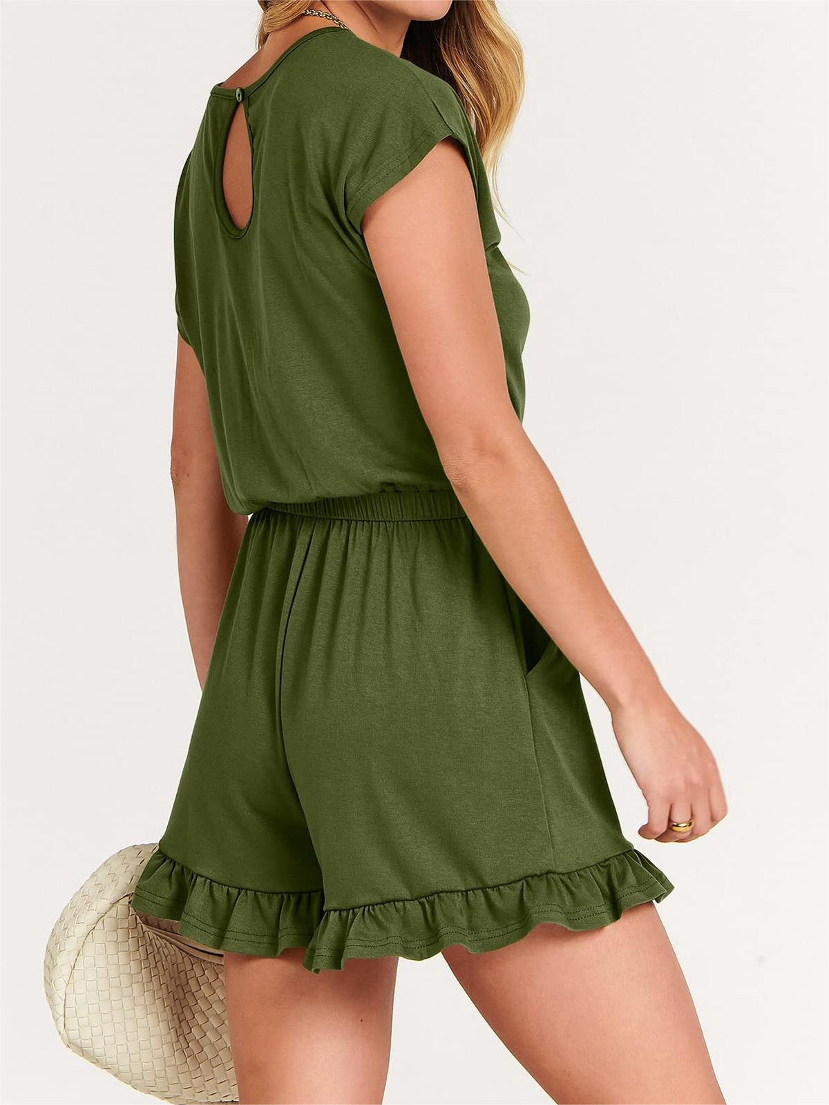 Women's Ruffle Hem Casual One Piece Pockets Romper