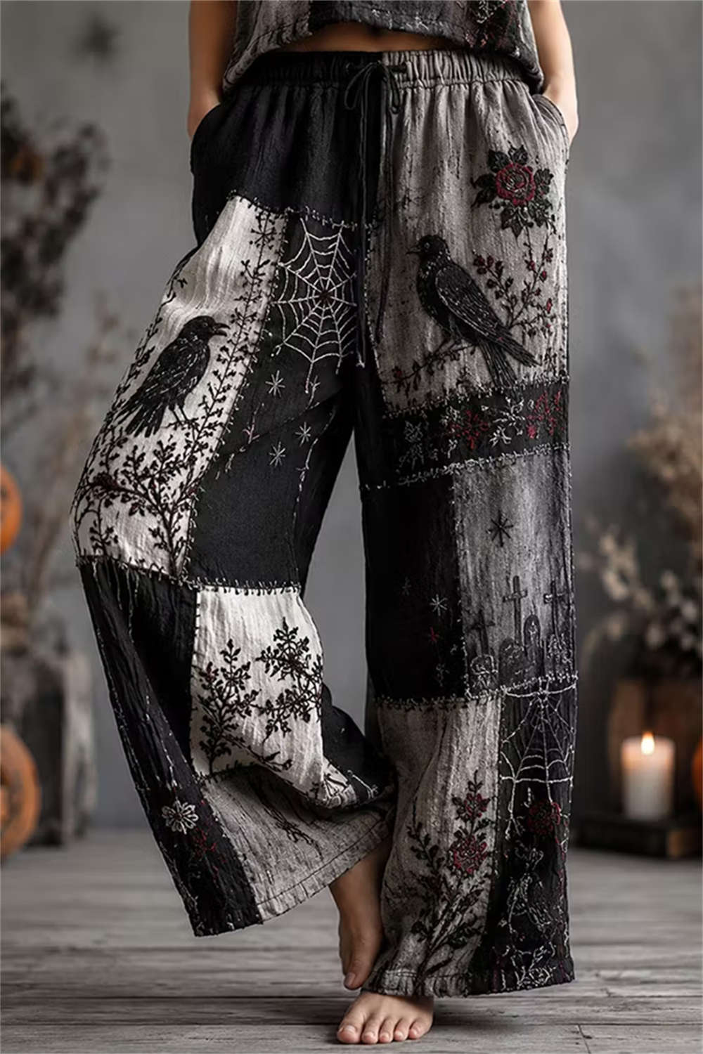 Women's Halloween Black Grey Patchwork Crow Rose Embroidery Drawstring Elastic Waist Wide Leg Pants
