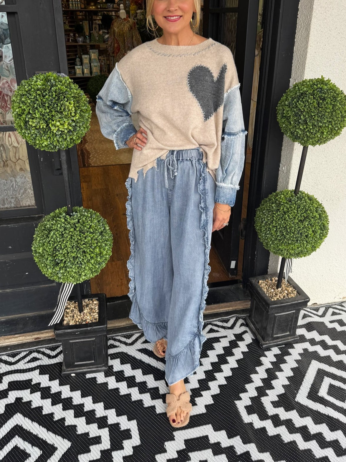 Women's Retro Distressed Heart Denim-Paneled Slouchy Sweater
