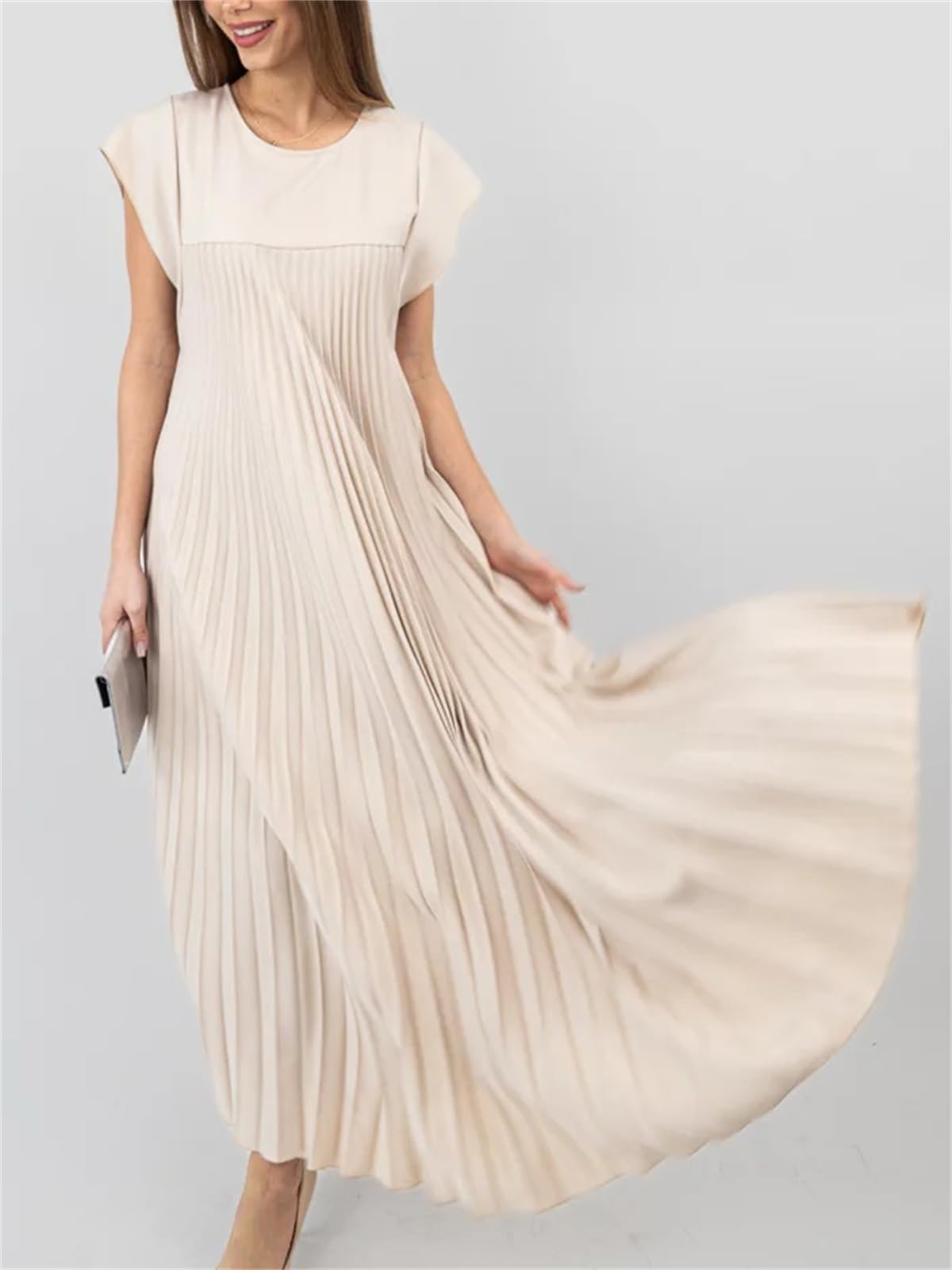Women's Cap Sleeve Pleated Flowy Maxi Dress