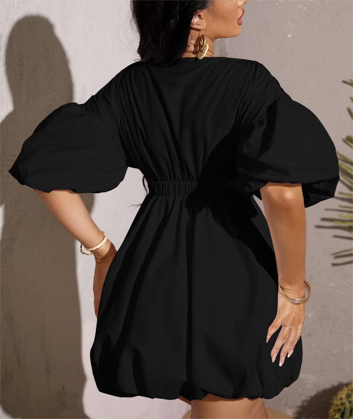 Women's Deep V-Neck Puffy Sleeve Elasticated High Waist Flared Dress