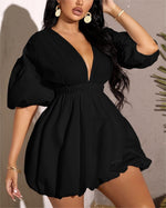 Women's Deep V-Neck Puffy Sleeve Elasticated High Waist Flared Dress