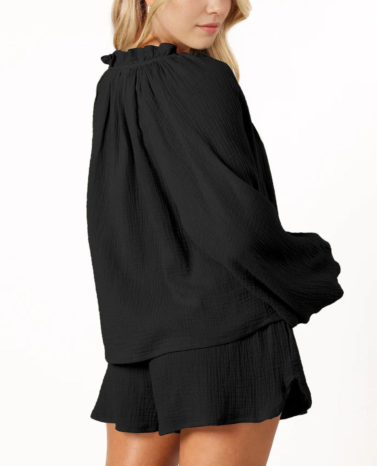 Women's Ruffle Long Sleeve Top and Shorts Two Piece Set With Pockets