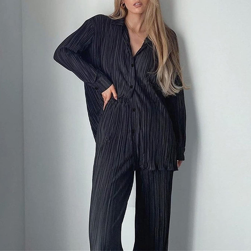Causal Set Loose Button-Down Shirt and Pleated Wide Leg Pants