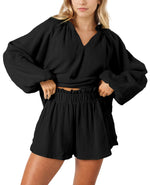 Women's Ruffle Long Sleeve Top and Shorts Two Piece Set With Pockets
