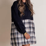 Women's Long Sleeve Round Neck Plaid Print Patchwork Dress