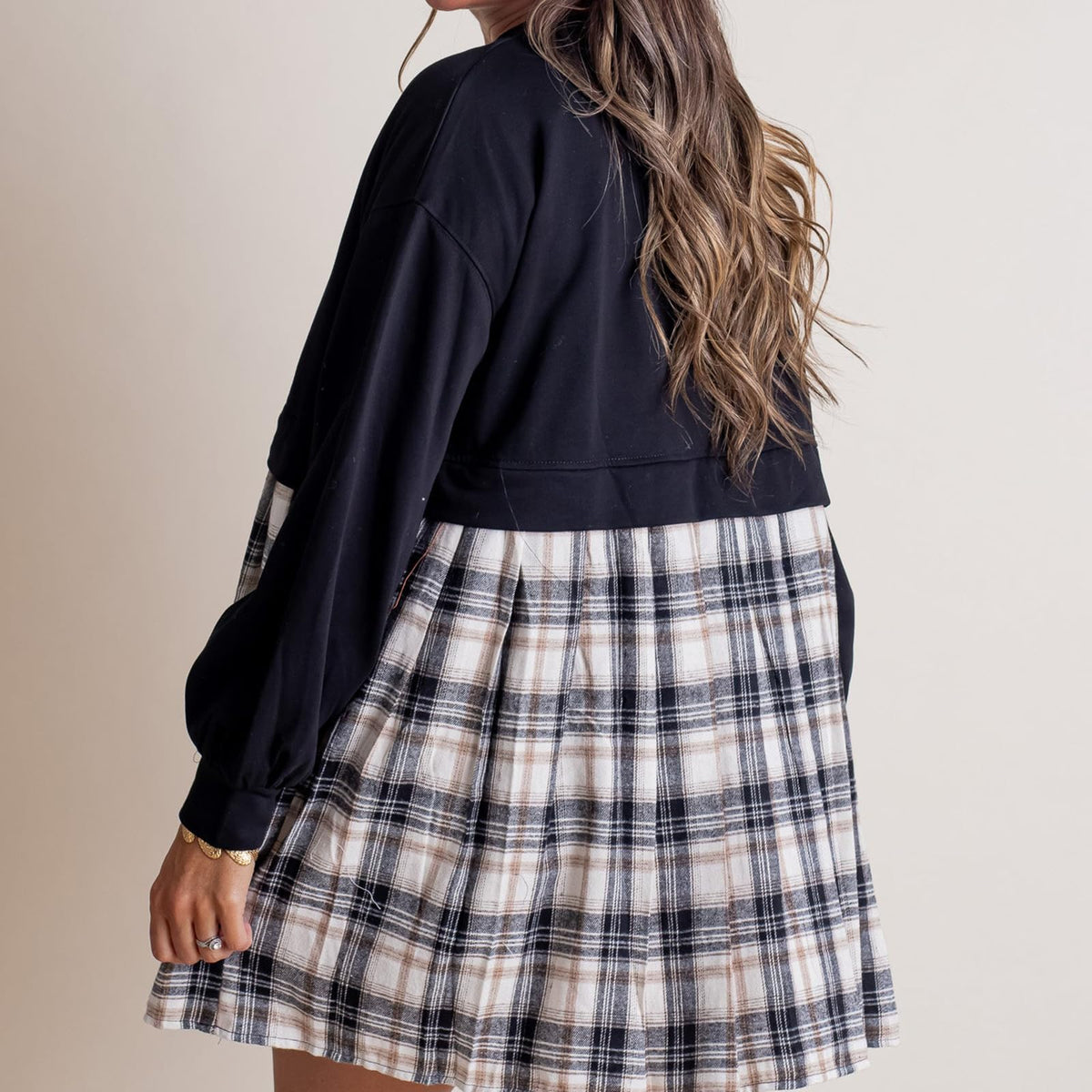 Women's Long Sleeve Round Neck Plaid Print Patchwork Dress
