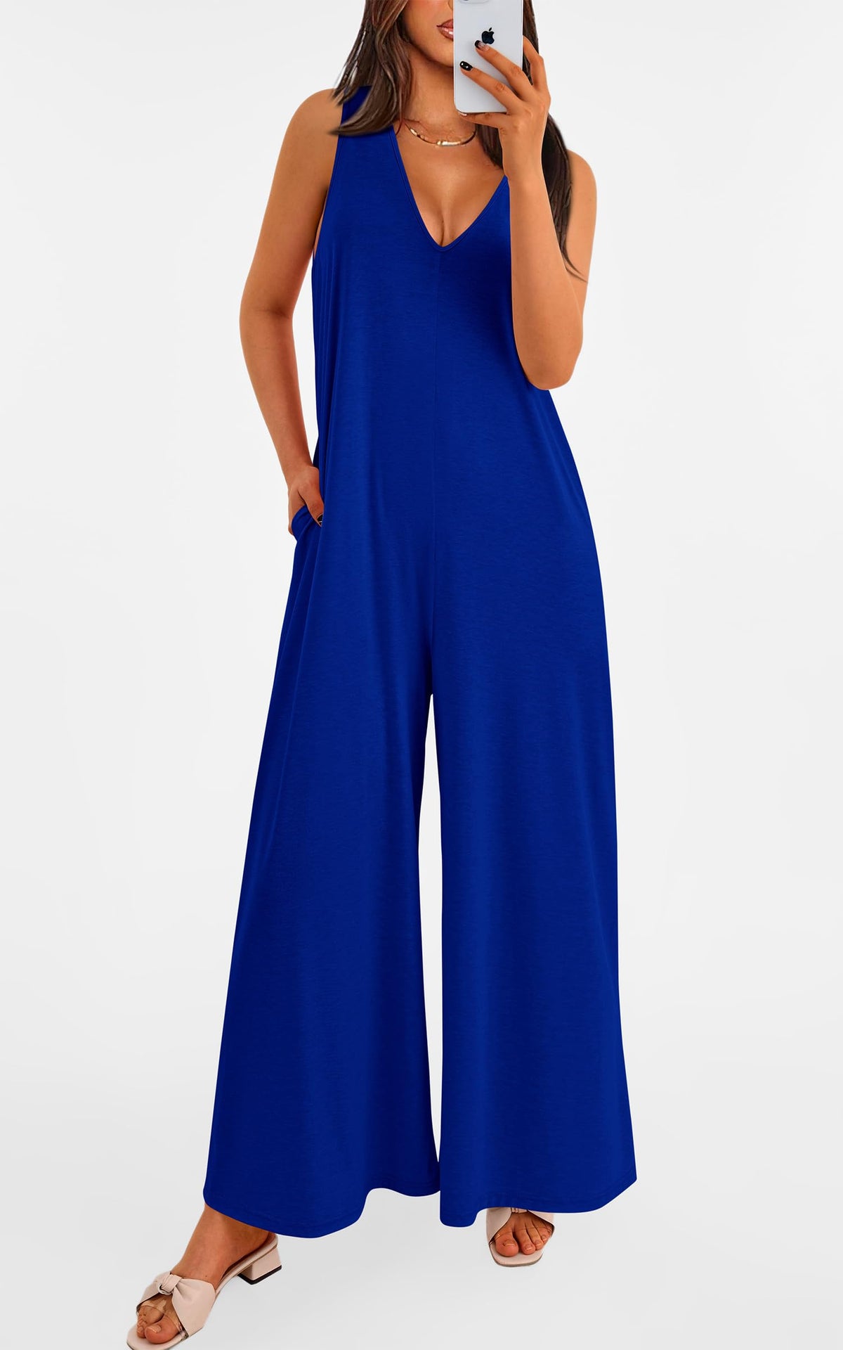 Women's Casual Wide Strap Sleeveless Tank Top V Neck Wide Leg Jumpsuit