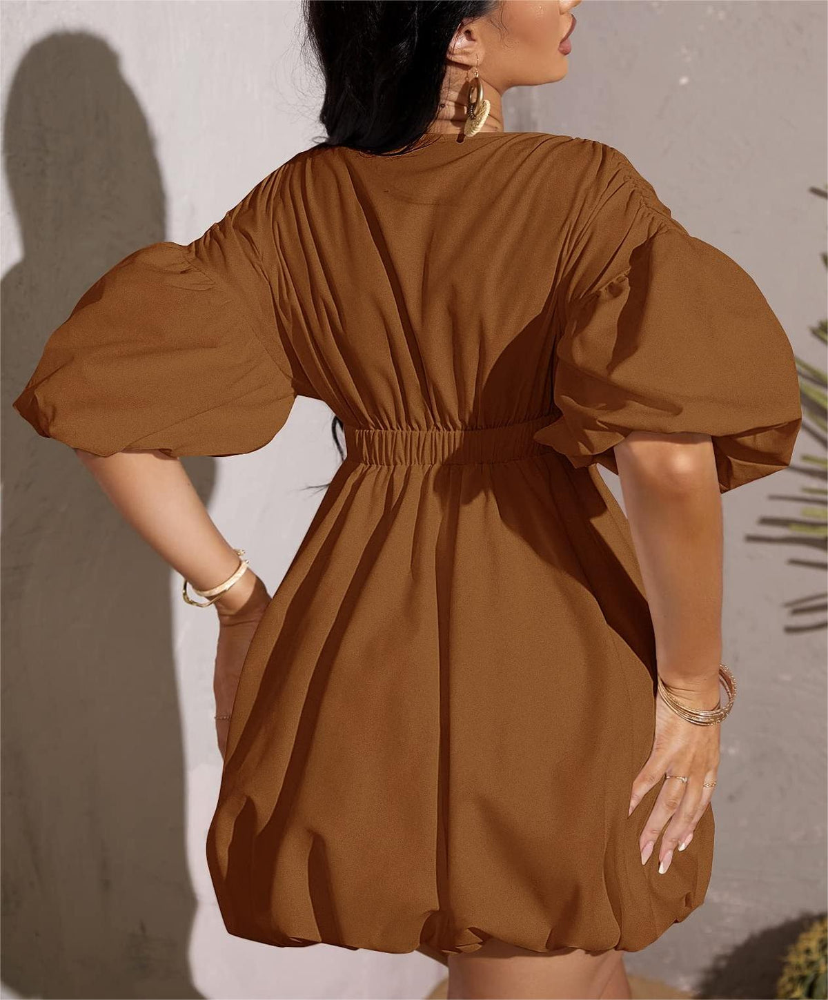 Women's Deep V-Neck Puffy Sleeve Elasticated High Waist Flared Dress