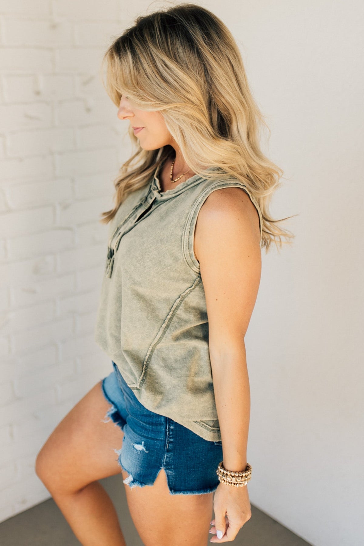 Women's Button Mix Washed Henley Tank