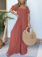 Women's Square Neckline Jumpsuit with Smocked Bodice Button