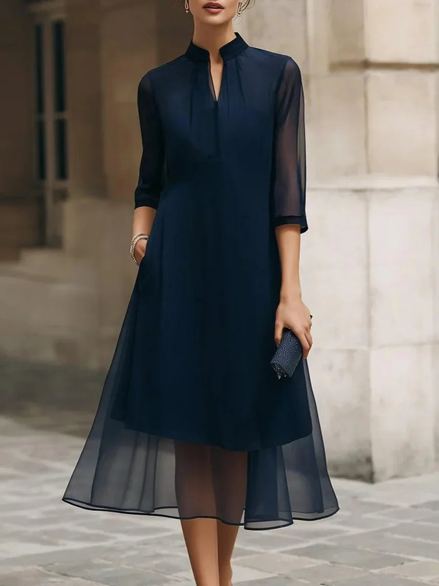 Chiffon Blue Plain 3/4 Sleeve Midi Dress