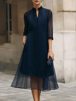 Chiffon Blue Plain 3/4 Sleeve Midi Dress