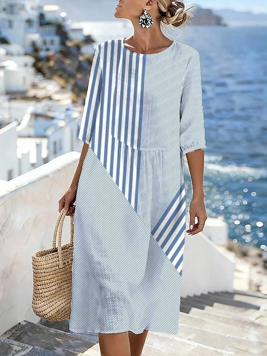 Striped Round Neck 3/4 Sleeve Midi Dress