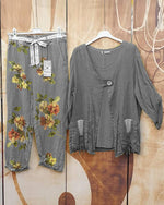 Solid Color Long Sleeve Tops and Floral Loose Pants Two Piece Suits