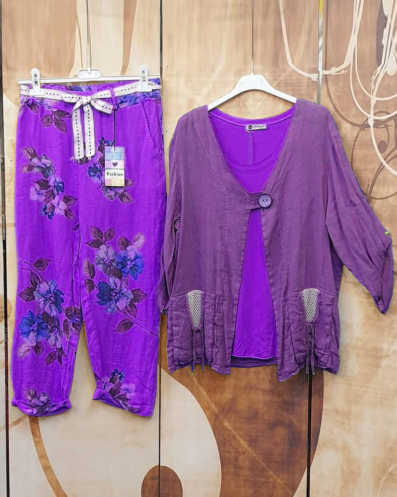 Solid Color Long Sleeve Tops and Floral Loose Pants Two Piece Suits