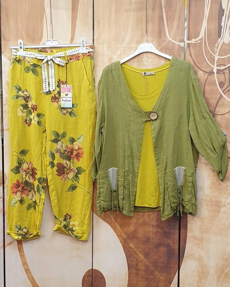 Solid Color Long Sleeve Tops and Floral Loose Pants Two Piece Suits