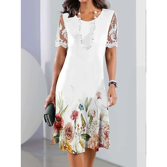 Lace Print Round Neck Short Sleeve Midi Dress